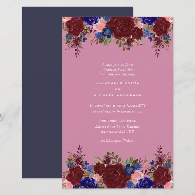 BUDGET Blue Burgundy Floral Wedding Invite A9 (Front/Back)