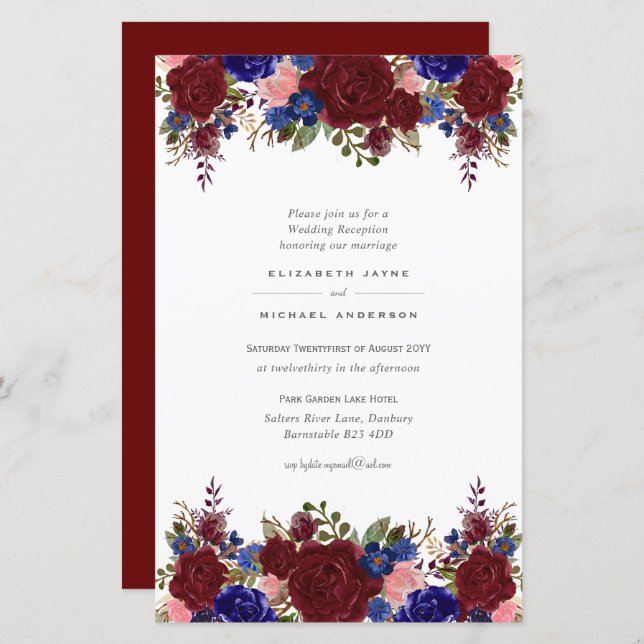 BUDGET Blue Burgundy Floral Wedding Invite A9 (Front/Back)