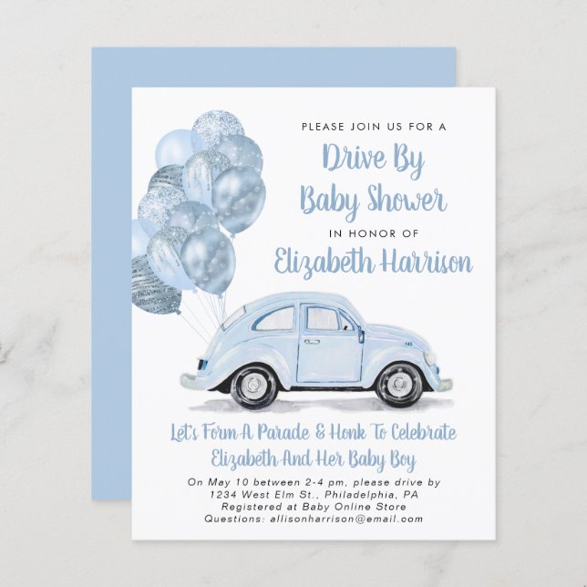 Budget Blue Car Drive By Baby Shower Invitation (Front/Back)