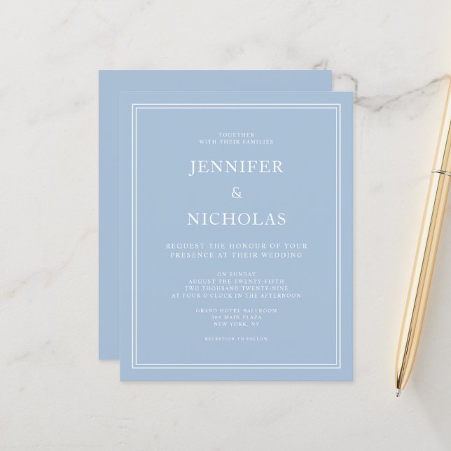 Budget Blue Elegant Formal Wedding Invite (Front/Back In Situ)