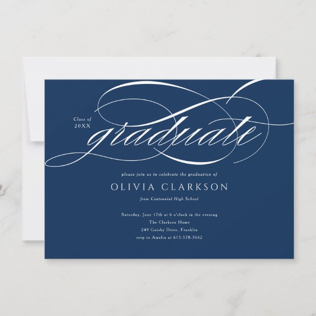 Budget Blue Elegant Script Photo Graduation Party Invitation (Front)