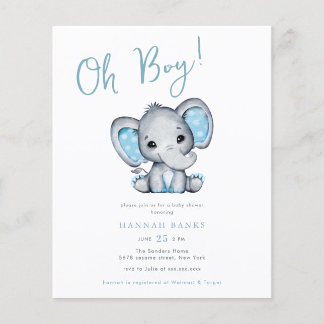 Budget Blue Elephant Baby Boy Shower Invitation Flyer (Front)