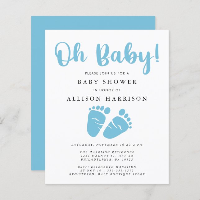 Budget Blue Feet Baby Boy Shower Invitation (Front/Back)