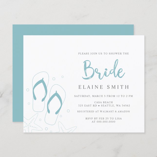 Budget Blue Flip Flops Beach Bridal Shower Invite (Front/Back)