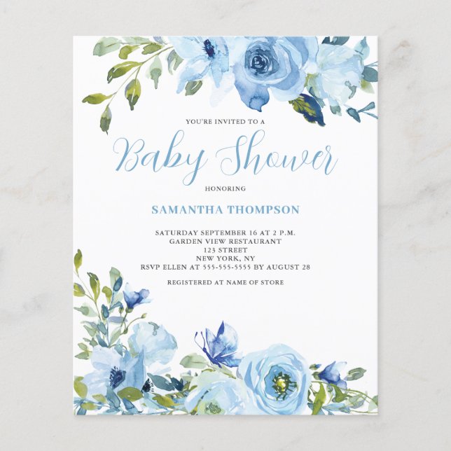 Budget Blue Floral Baby Shower Invitation (Front)