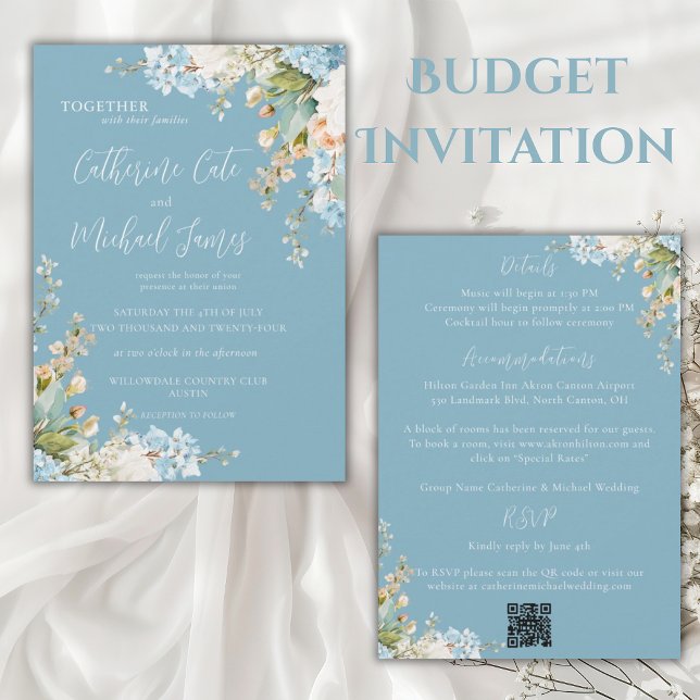 Budget Blue Floral Hydrangea Elegant Wedding Invitation (Creator Uploaded)