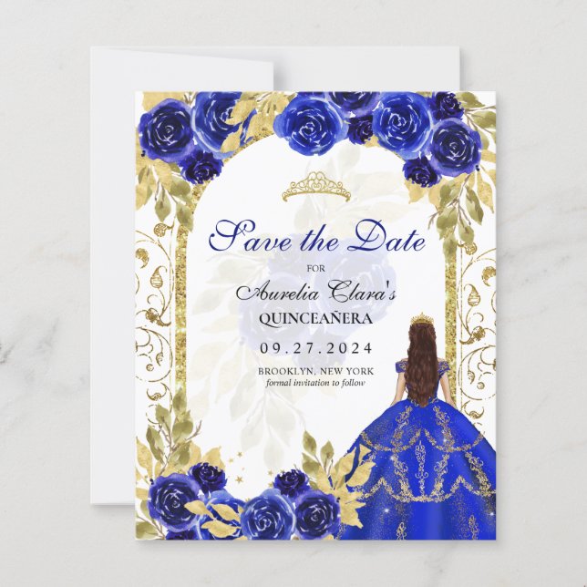 BUDGET Blue Floral Princess Gold Arch Quinceanera (Front)