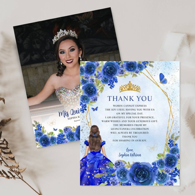 Budget Blue Floral Quinceañera Photo Thank You (Creator Uploaded)