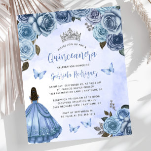 Budget Blue Floral Roses Quinceañera Invite