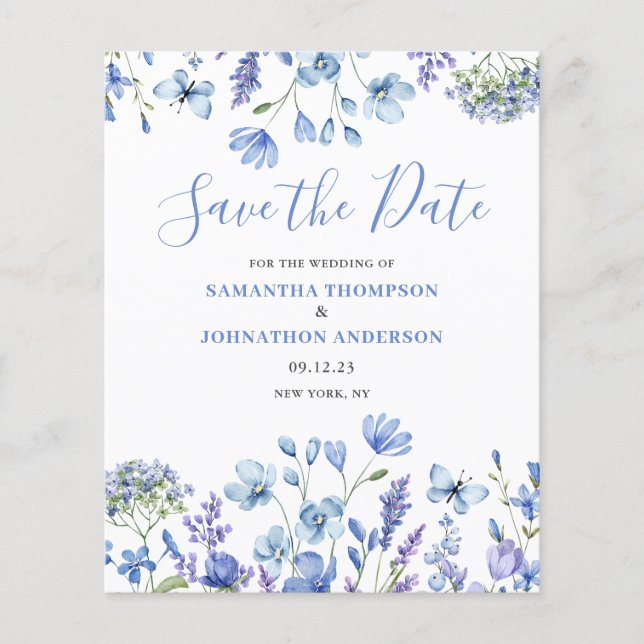 Budget Blue Floral Save The Date Flyer (Front)