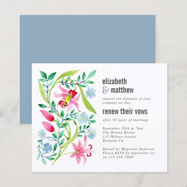 Budget Blue Floral Vow Renewal Invitation (Front/Back)