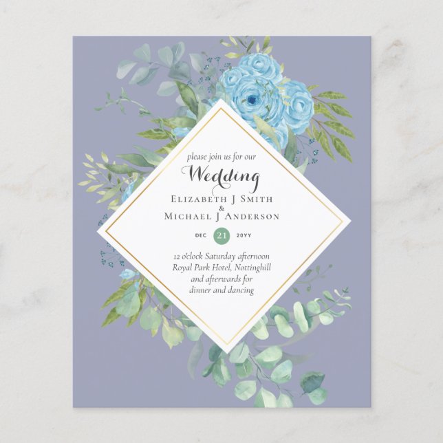 BUDGET Blue Floral Wedding Invitations Eucalyptus Flyer (Front)