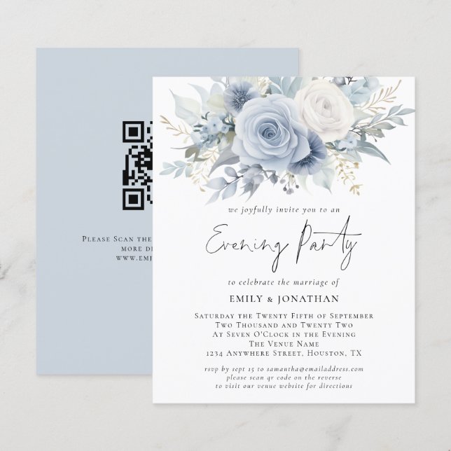 Budget Blue Florals QR Code Wedding Evening Party (Front/Back)