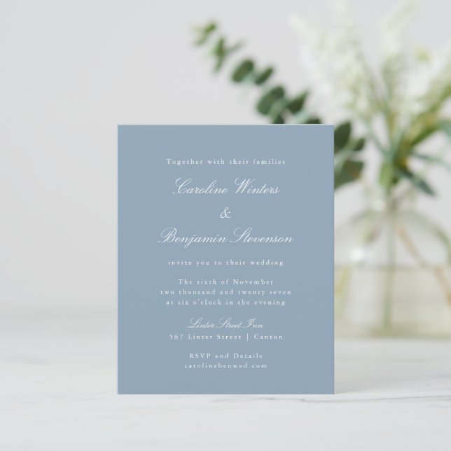 Budget Blue Formal Elegant Wedding Invitation (Standing Front)