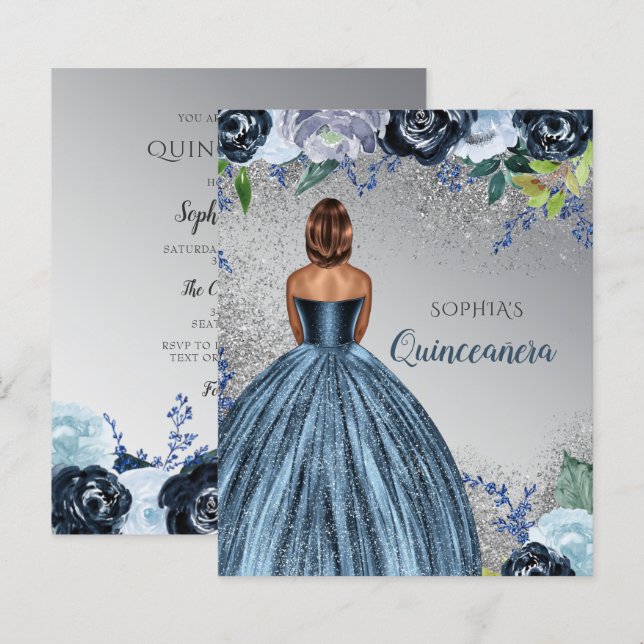 Budget Blue Glitter Dress Quinceañera Invitation (Front/Back)
