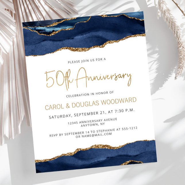 Budget Blue Gold Agate 50th Anniversary Invitation (Creator Uploaded)