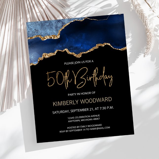 Budget Blue Gold Agate 50th Birthday Invitation (Creator Uploaded)