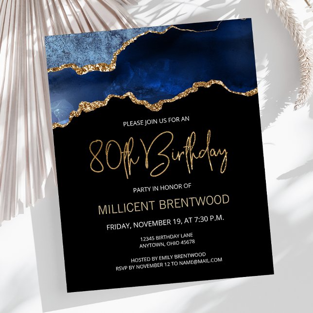 Budget Blue Gold Agate 80th Birthday Invitation (Creator Uploaded)