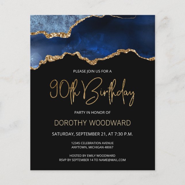 Budget Blue Gold Agate 90th Birthday Invitation (Front)