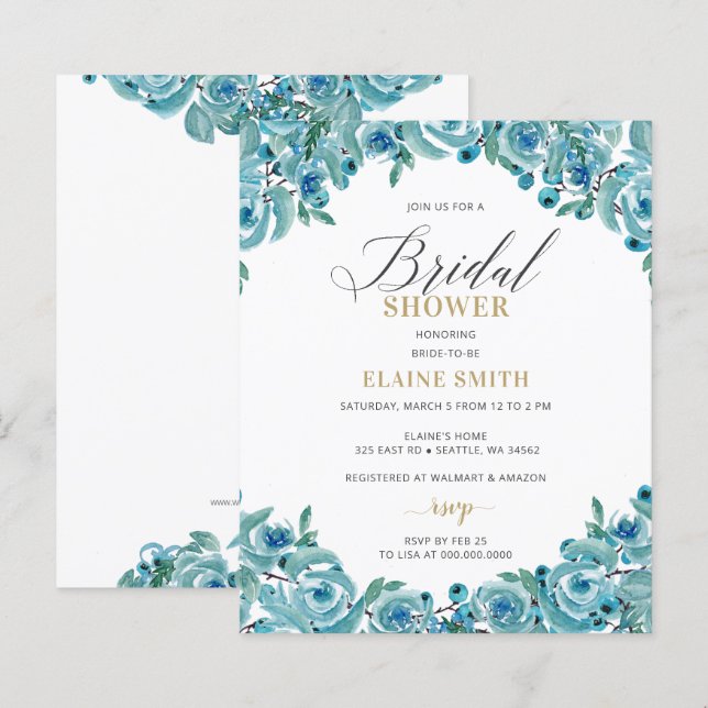 Budget Blue Gold Floral Bridal Shower Invitation (Front/Back)