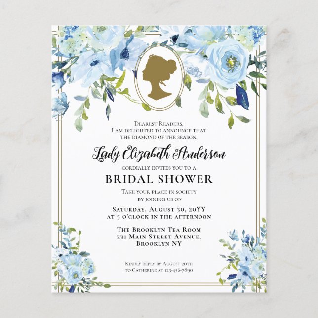 Budget Blue Gold Florals Regency Bridal Shower (Front)