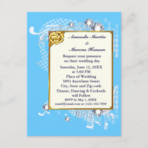 Budget Blue & Gold Frame & Diamonds Image Wedding Postcard