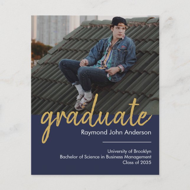 Budget Blue Gold Photo Graduation Announcement (Front)