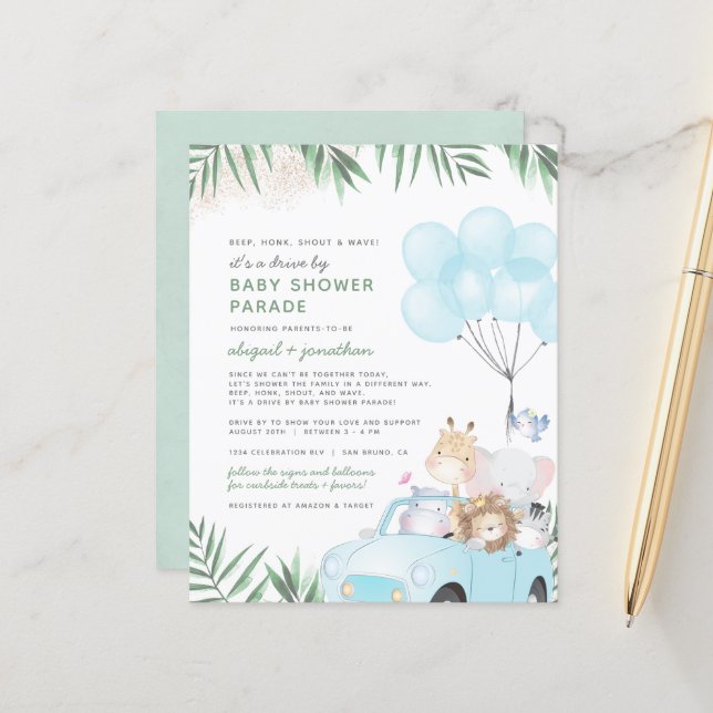 Budget Blue Gold Safari Drive By Boy Baby Shower (Front/Back In Situ)