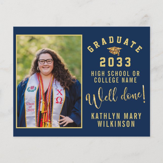BUDGET Blue Gold Script 4 Photo GRAD Announcement (Front)