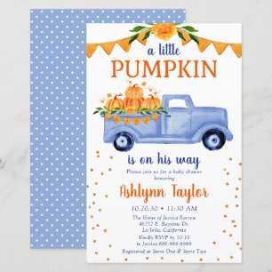 Budget Blue Little Pumpkin Baby Shower Invitation