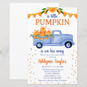 Budget Blue Little Pumpkin Baby Shower Invitation