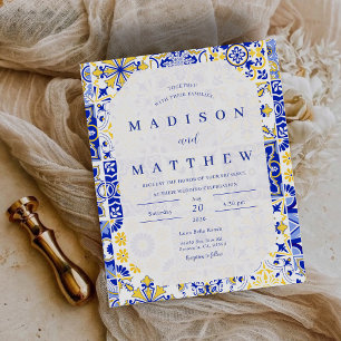 Budget Blue Mediterranean Tiles Wedding Invitation