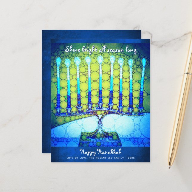 Budget Blue Menorah de Hanukkah Carte Brillez (Devant/Arrière en situation)