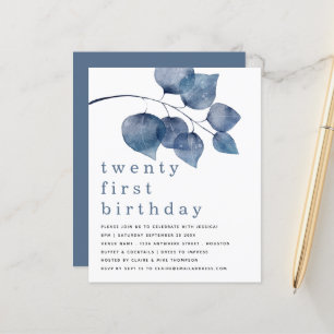 Budget Blue Modern Foliage Twenty First Invite