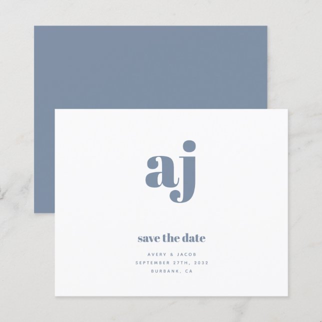 BUDGET Blue Monogram Wedding Save The Date (Front/Back)