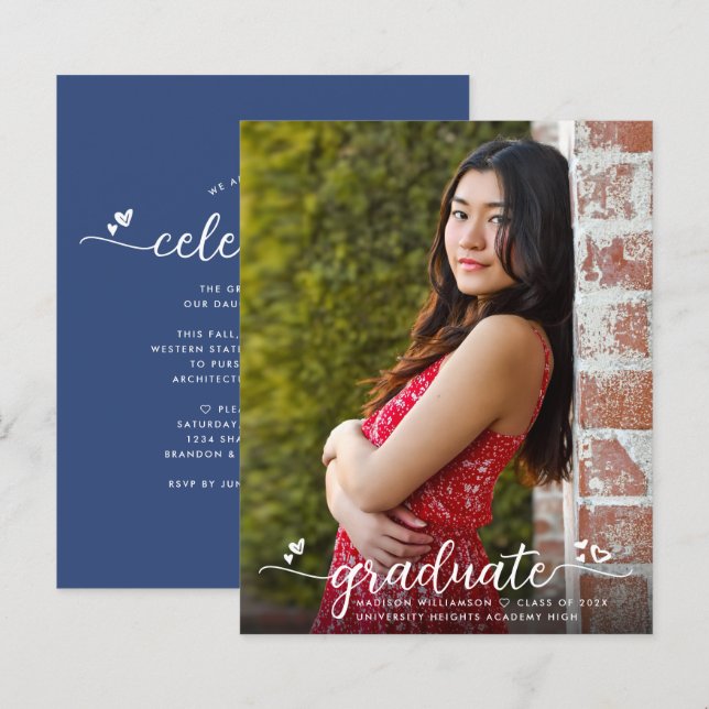 Budget Blue Photo Graduation Script Invitation (Front/Back)