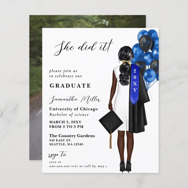 Budget Blue Photo She Did It Graduation Invitation (Front/Back)