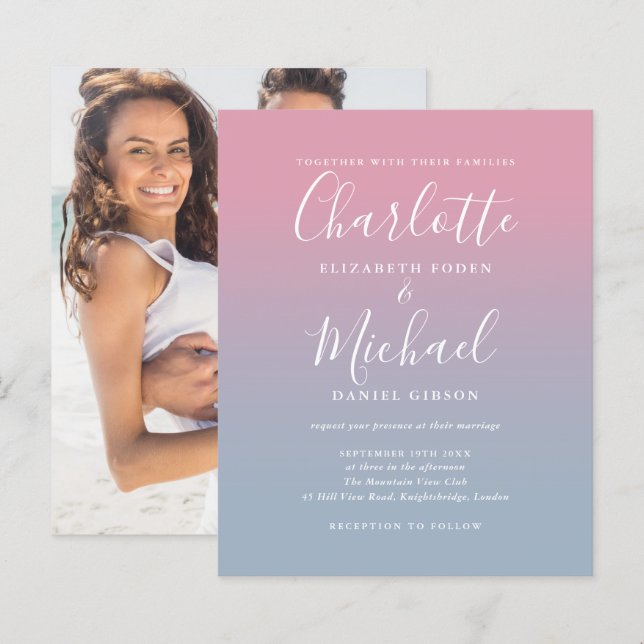 Budget Blue Pink Ombre Photo Wedding Invitation (Front/Back)