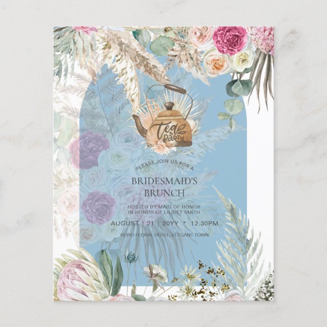 BUDGET Blue Pink Pampas Grass Tea Party Shower Flyer (Front)