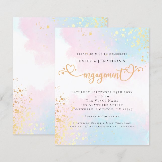 Budget Blue Pink Watercolor Heart Engagement (Front/Back)