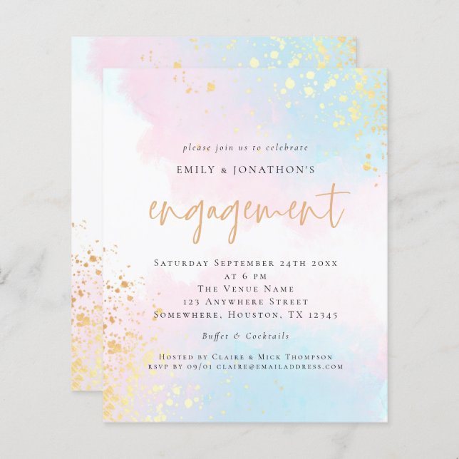 Budget Blue Pink Watercolor Script Engagement (Front/Back)