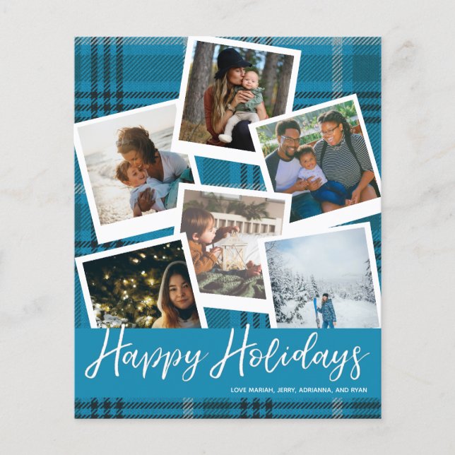 Budget Blue Plaid Multi Photo Happy Holidays Flyer (Front)
