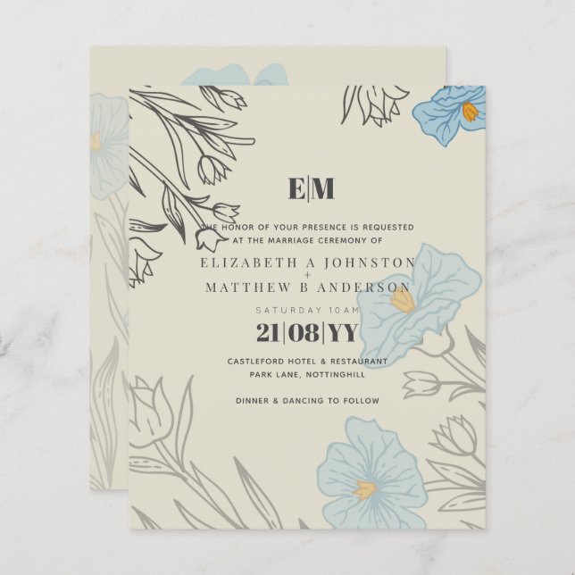 BUDGET Blue Poppy Magnolia Wedding Invitation (Front/Back)