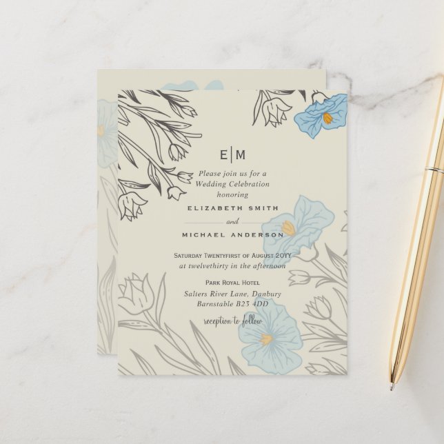 BUDGET Blue Poppy Magnolia Wedding Invitation (Front/Back In Situ)