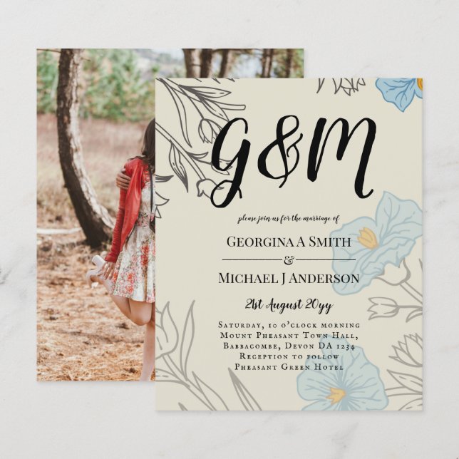 BUDGET Blue Poppy Magnolia Wedding Invitation (Front/Back)