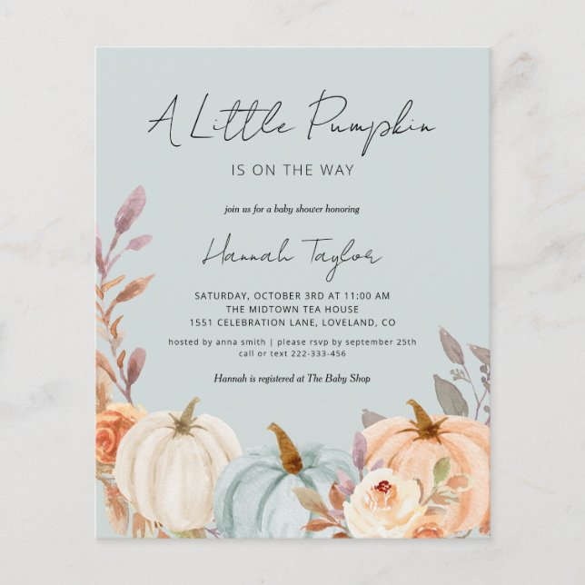 Budget Blue Pumpkin Fall Baby Shower Invitation (Front)