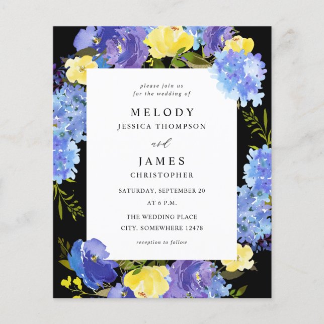 Budget Blue Purple & Yellow Floral Wedding - Black Flyer (Front)