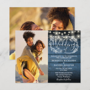 Budget Blue Rustic Wood 2 Photo Wedding Invite