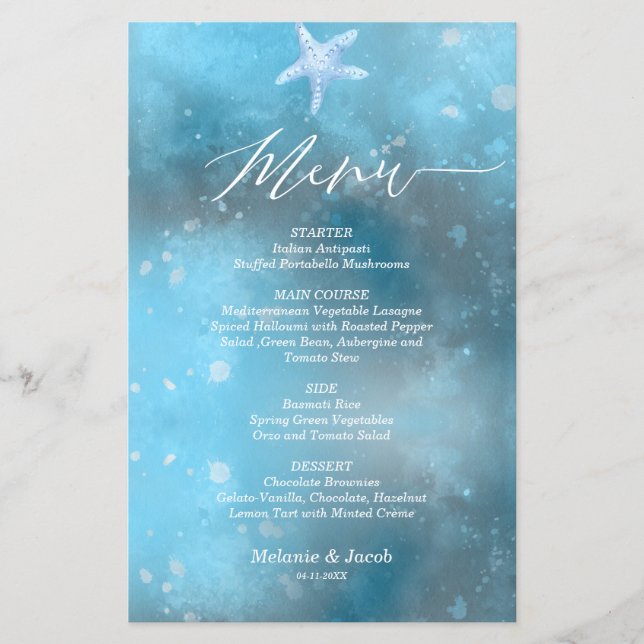 Budget Blue Sea Summer Wedding Flat Menu Card (Front)