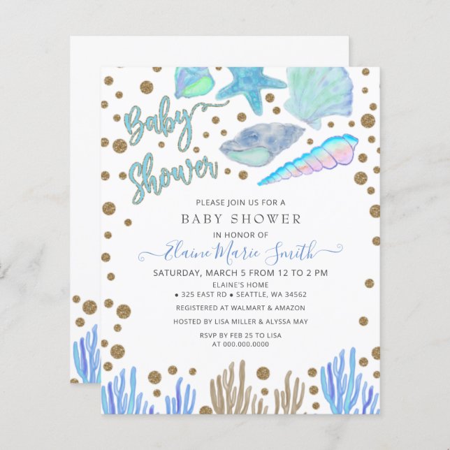 Budget Blue Seashells Beach Baby Shower invitation (Front/Back)